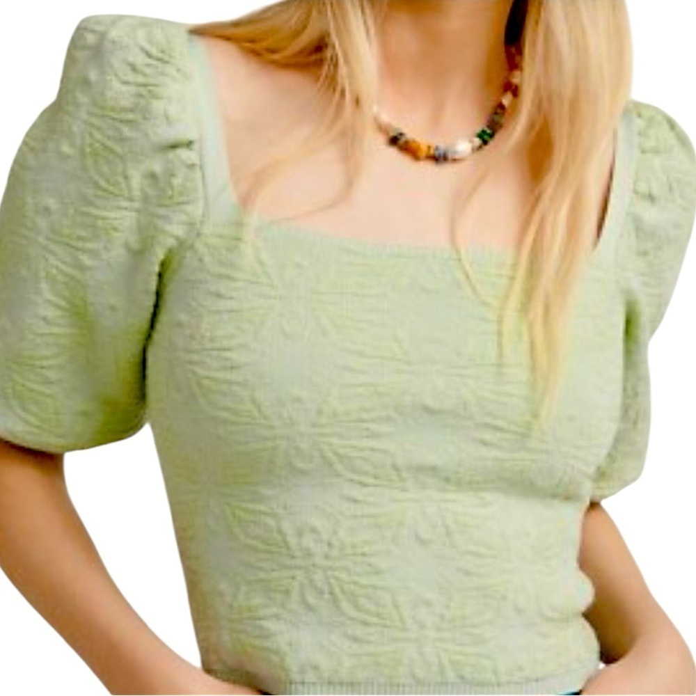 SALE ZARA CROPPED JACQUARD TEXTURED PUFF SLEEVE TOP SZ SM